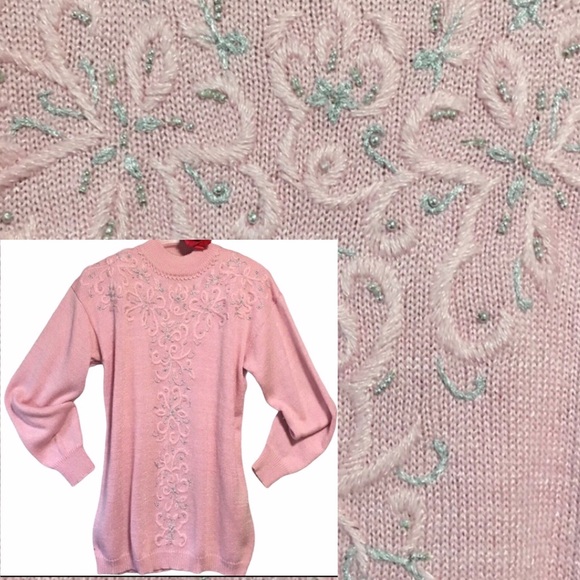 VTG Jaclyn Smith PINK SWEATER EMB SILVER & MOCK CREW TURTLENECK EMB EUC - Picture 2 of 9